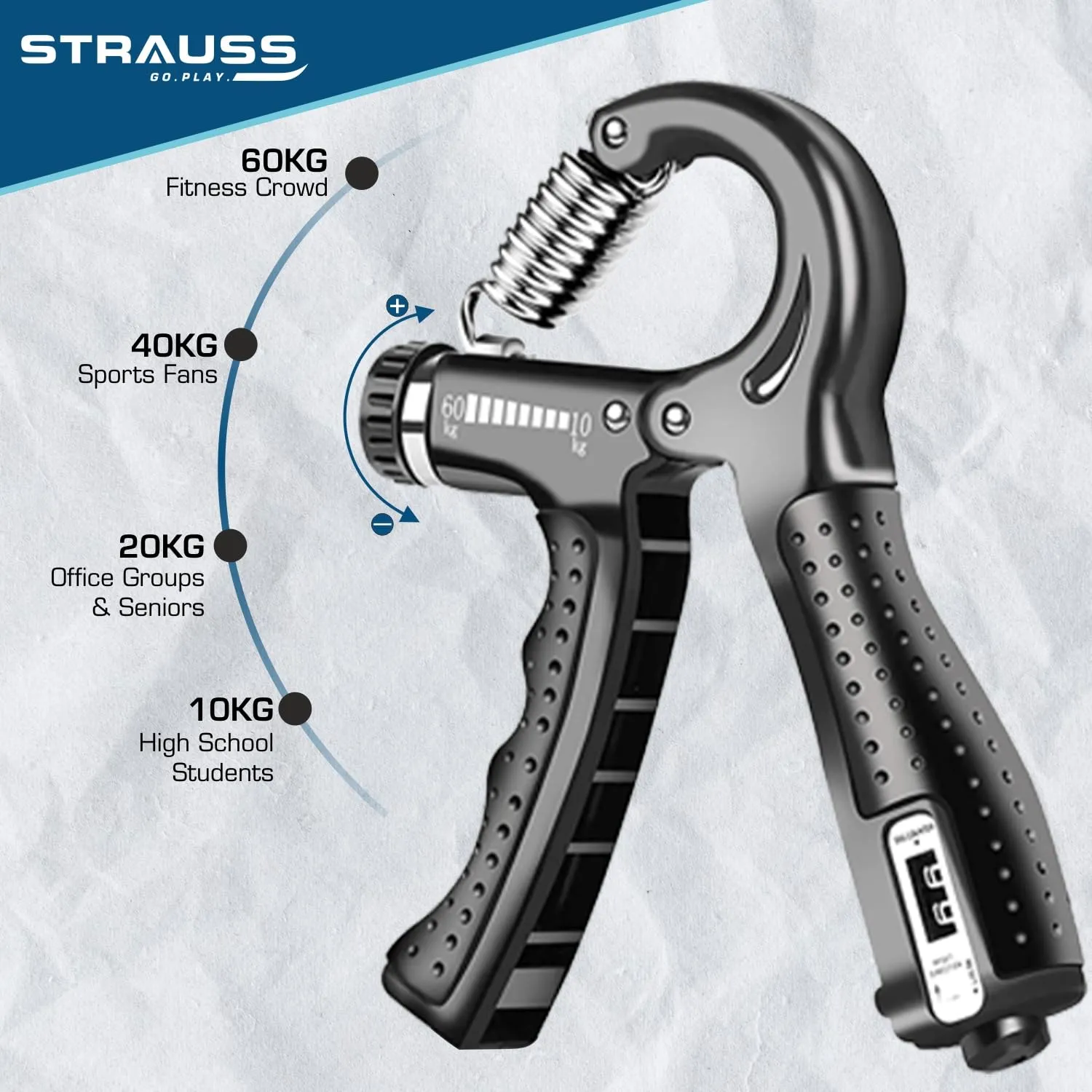 Strauss D-Shape Hand Grip with Digital Counter | Adjustable Resistance (10KG -100KG) | Hand/Power Gripper for Home & Gym Workouts | Finger & Forearm Hand Exercises & Strength Building (Blue)